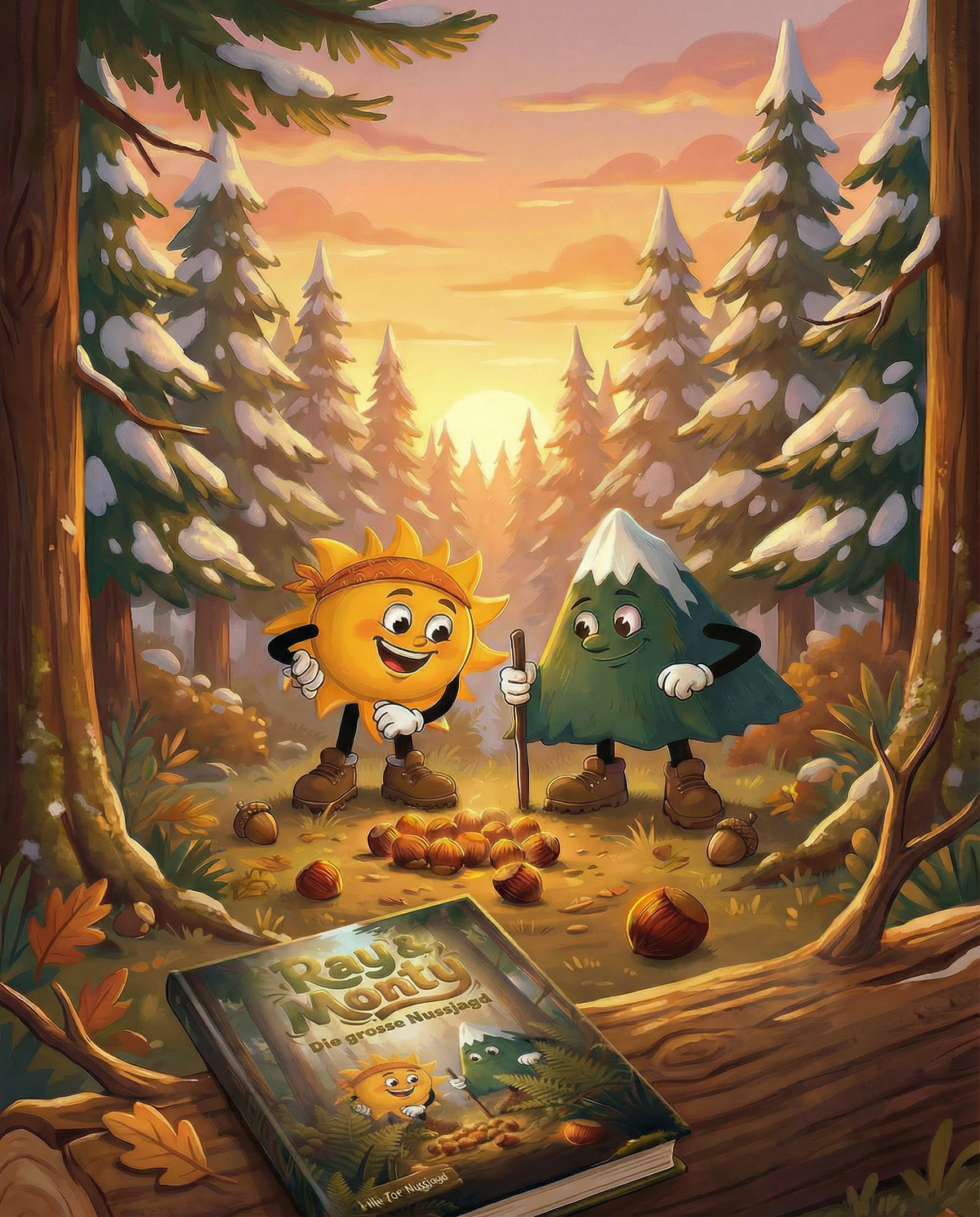 Ray und Monty gemeinsam in ihrer illustrierten Bergwelt
