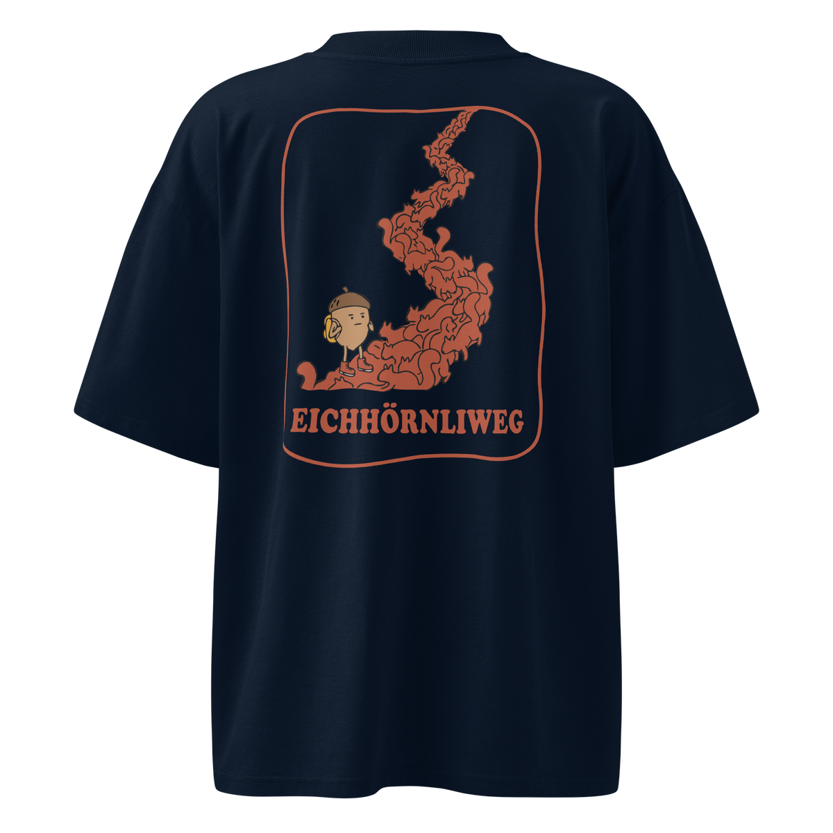 Rückseite eines marineblauen T-Shirts mit orangefarbener Eichhörnliweg-Illustration