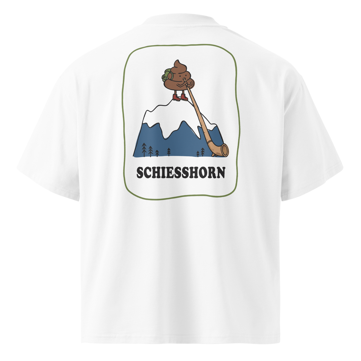 Back of a white T-shirt with an illustrated Schiesshorn mountain design