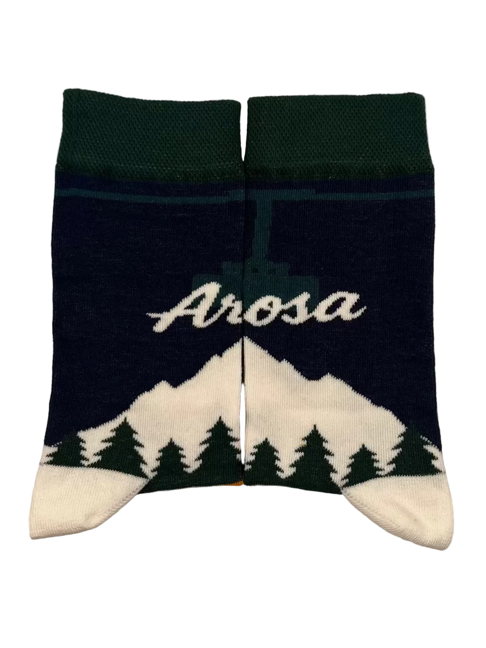 Knitted socks with the Arosa Logo, Weisshorn Cable Car & Mountain. Perfect as a gift or souvenir from the Swiss Alps.