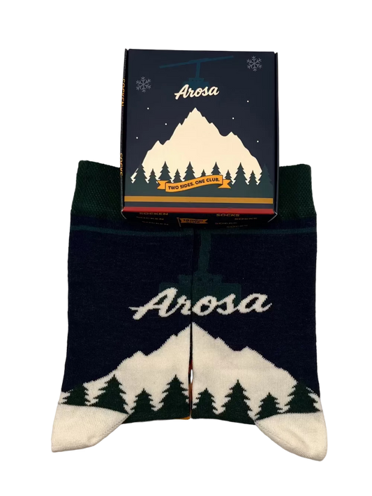 Unisex Arosa knit socks presented in a custom 1800m Club gift box.