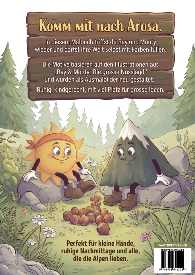 Back cover of the Ray & Monty colouring book, with Ray and Monty beside a pile of nuts