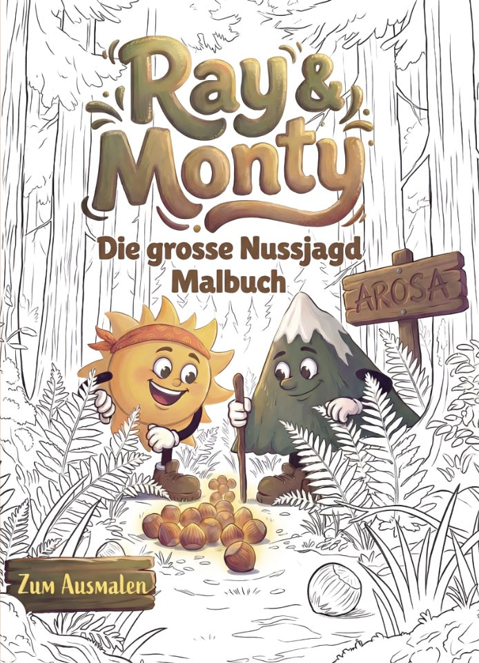 Front cover of the Ray & Monty colouring book, with the two friends in a forest