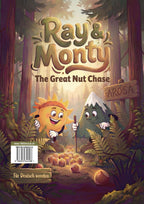 Book cover of 'Ray & Monty: The Great Nut Chase' with two animated characters in a forest setting.