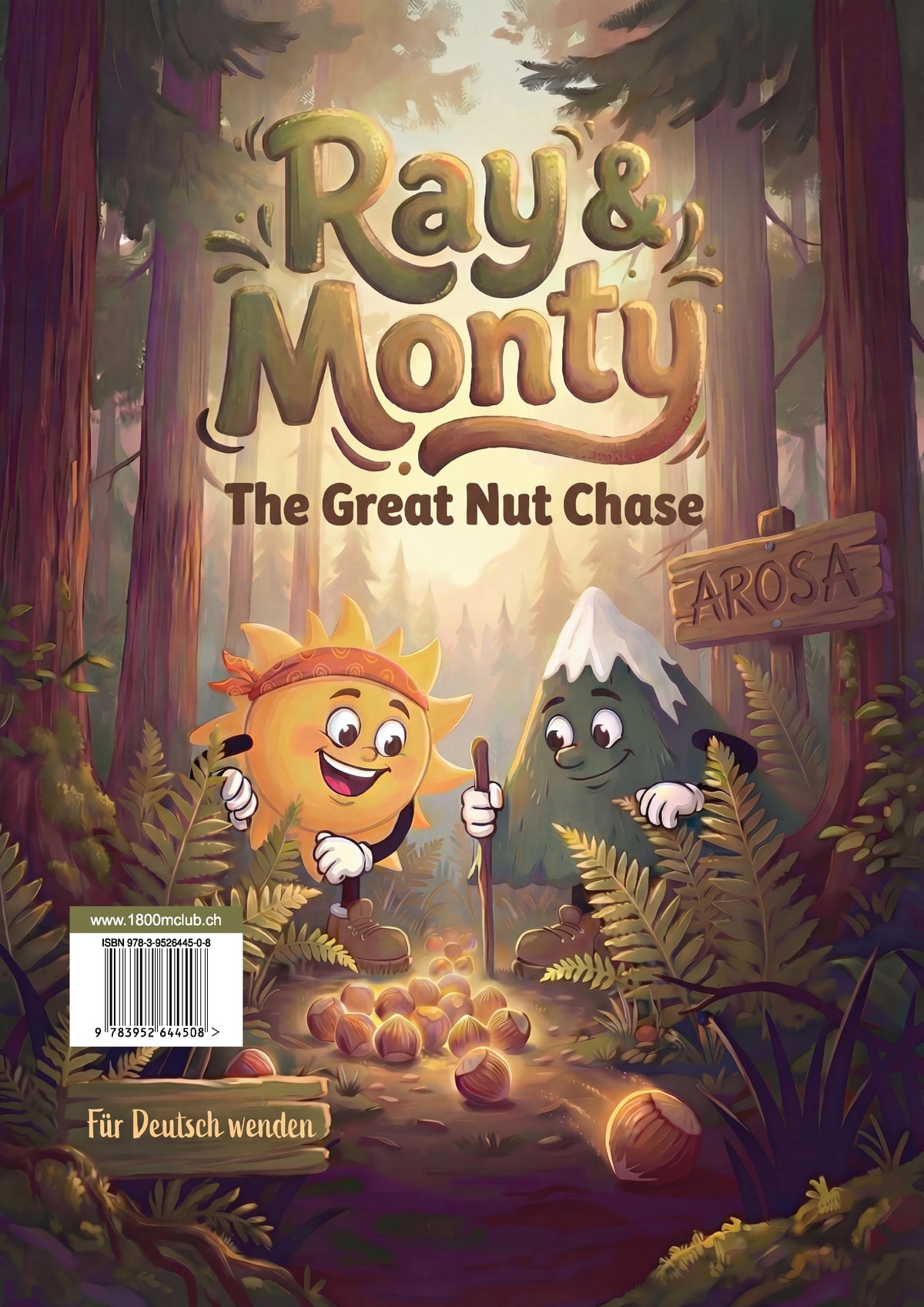 Book cover of 'Ray & Monty: The Great Nut Chase' with two animated characters in a forest setting.