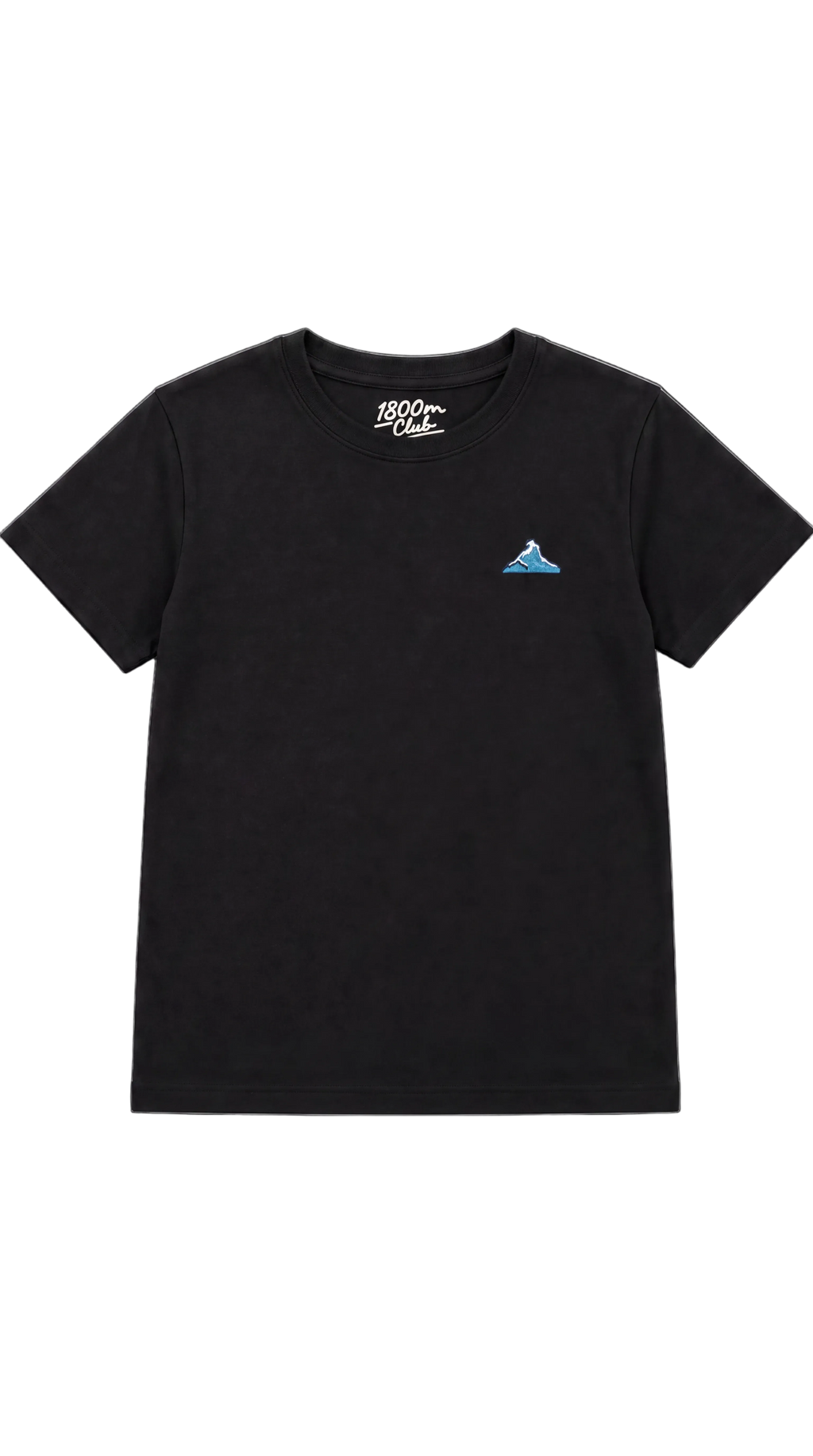 Vorderseite eines schwarzen Kinder-T-Shirts mit kleinem blauem gesticktem Berg