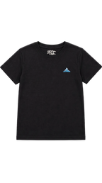 Vorderseite eines schwarzen Kinder-T-Shirts mit kleinem blauem gesticktem Berg