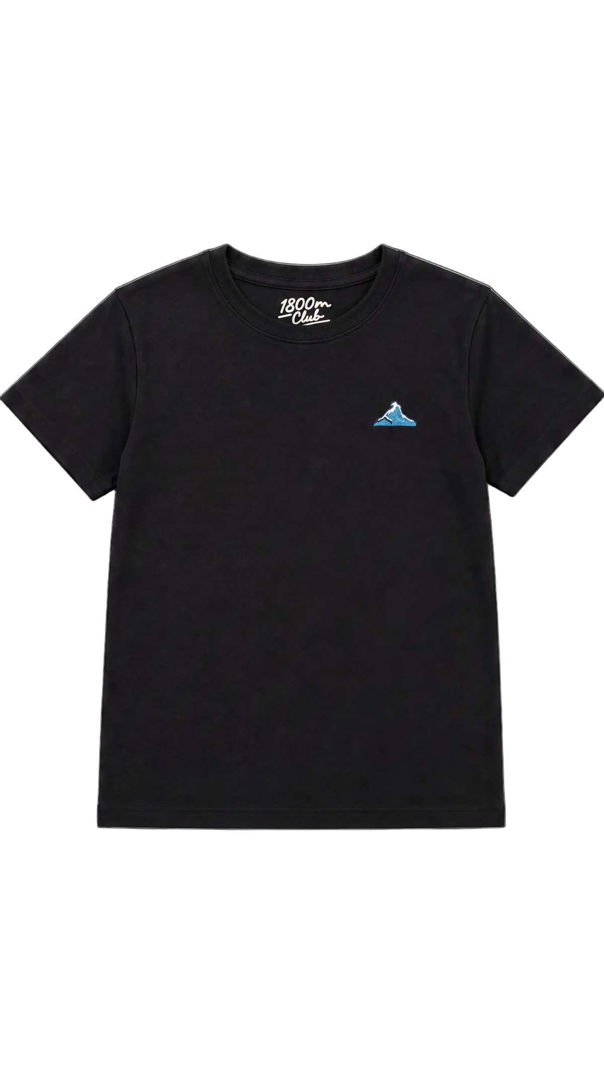 Vorderseite eines schwarzen Kinder-T-Shirts mit kleinem blauem gesticktem Berg