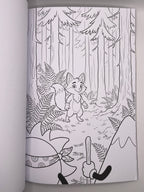 Colouring page with a fox in the forest and Ray and Monty in the foreground