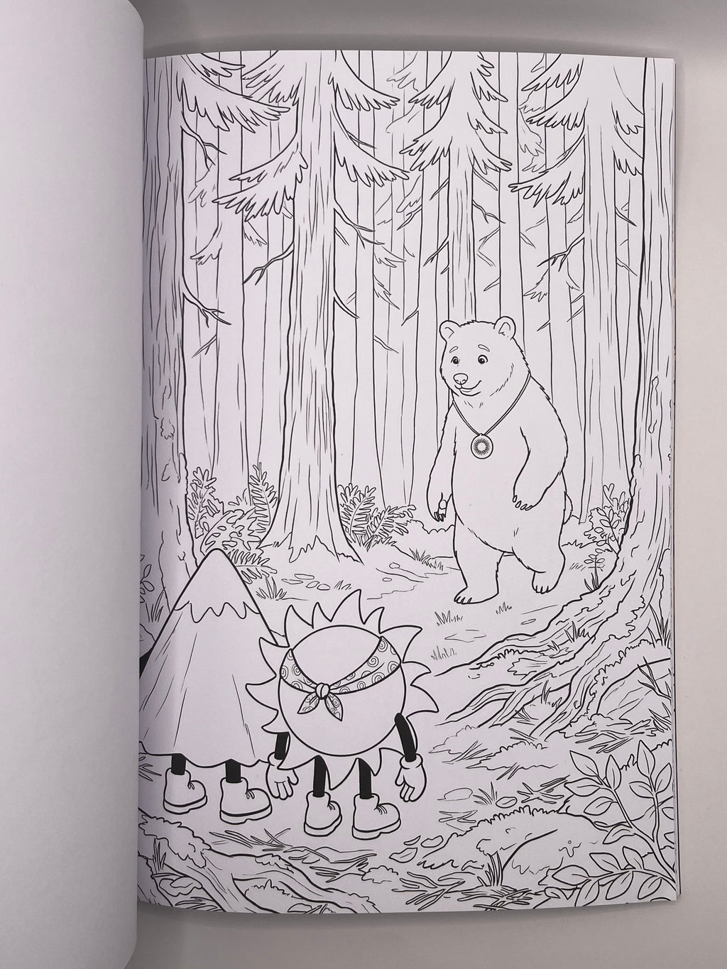 Colouring page with a bear in the forest, watched by Ray and Monty