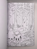 Colouring page with a bear in the forest, watched by Ray and Monty