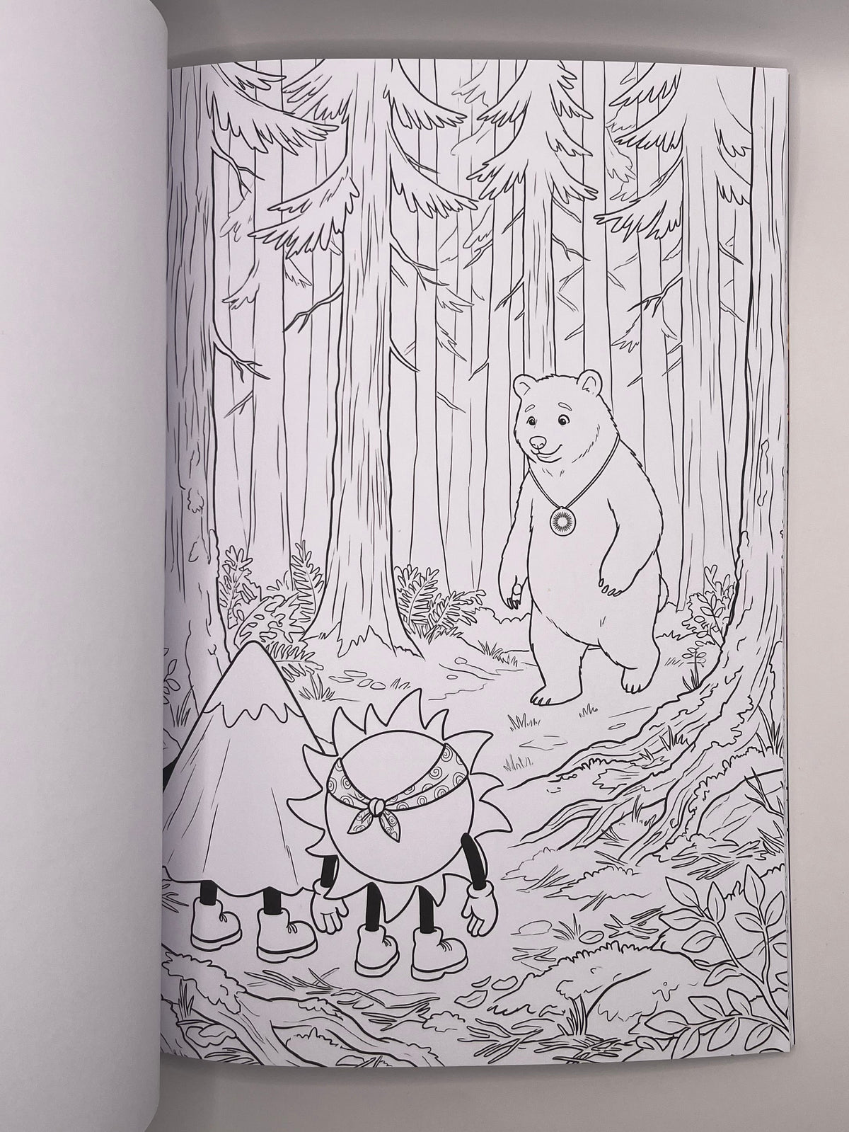 Colouring page with a bear in the forest, watched by Ray and Monty
