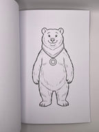 Colouring page with a bear wearing a round pendant