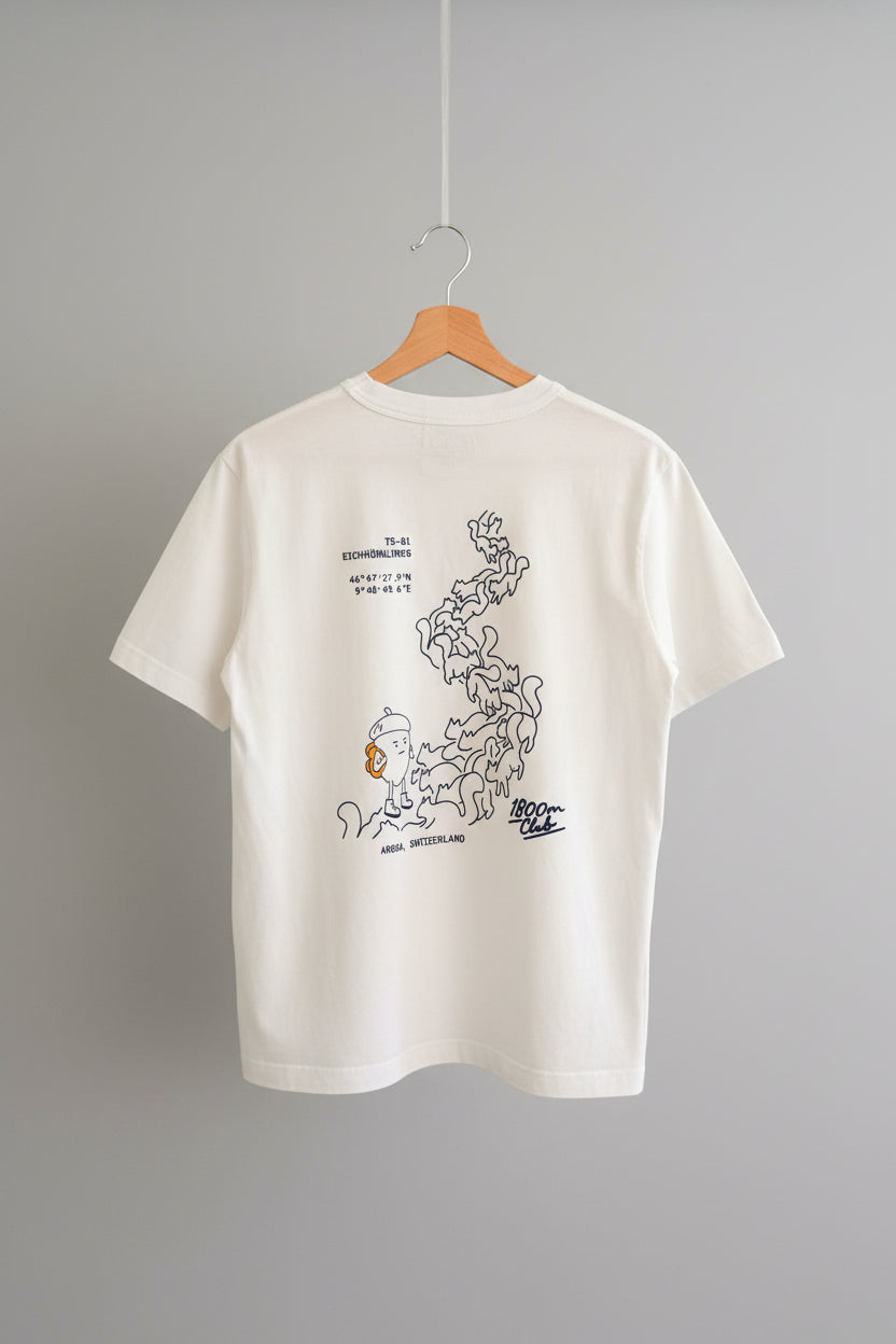 White T-shirt from the Trail Series 01 - Eichhörnliweg Club Edit. Designed & Printed in Arosa Switzerland by the 1800m Club.