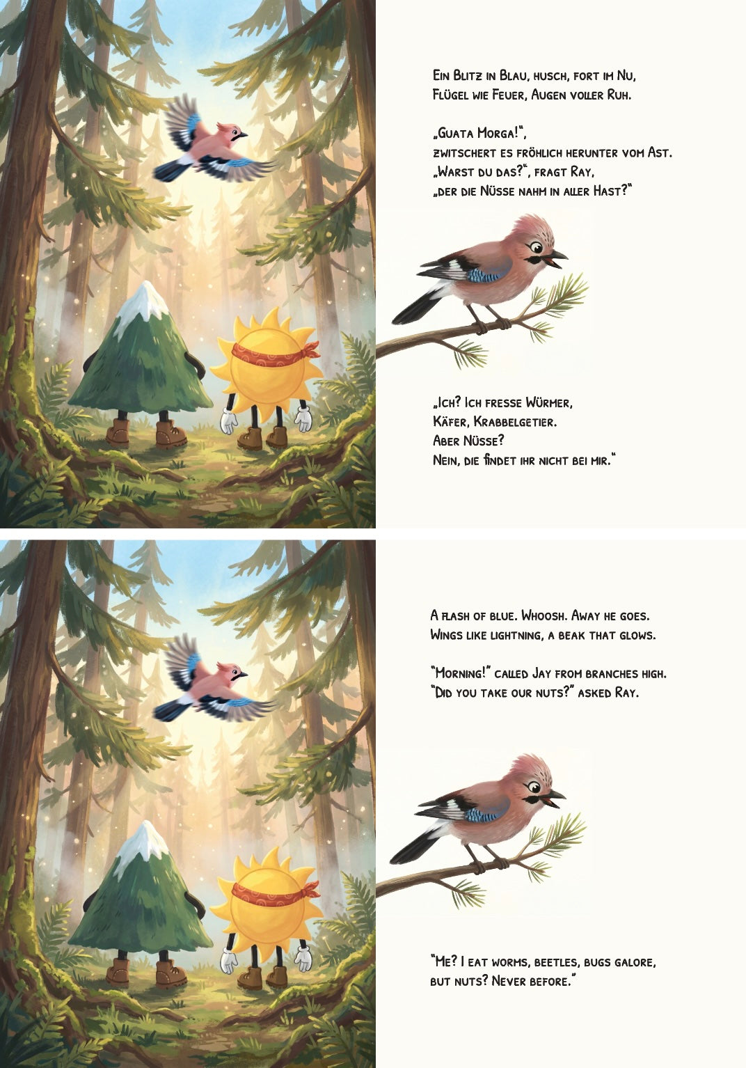Inside book pages of "Ray & Monty: Die grosse Nussjagd / The Great Nut Chase" German and English children's Picture Book based in Arosa, Switzerland.