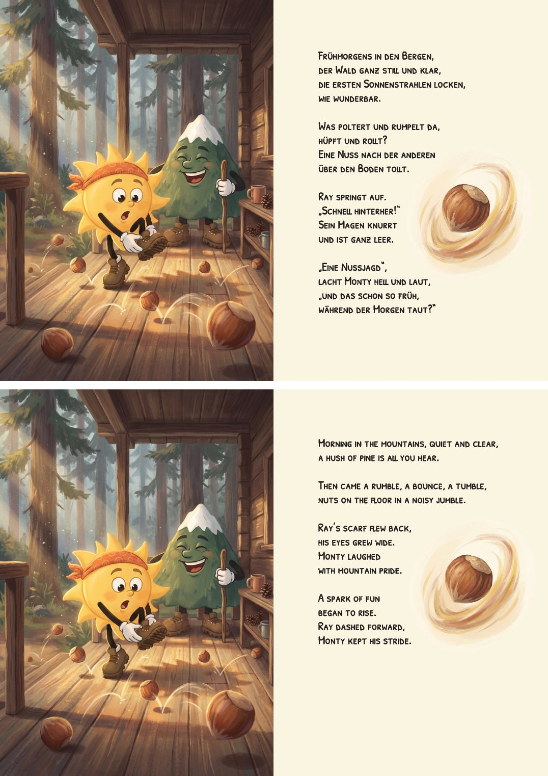 Inside book pages of "Ray & Monty: Die grosse Nussjagd / The Great Nut Chase" German and English children's Picture Book based in Arosa, Switzerland.