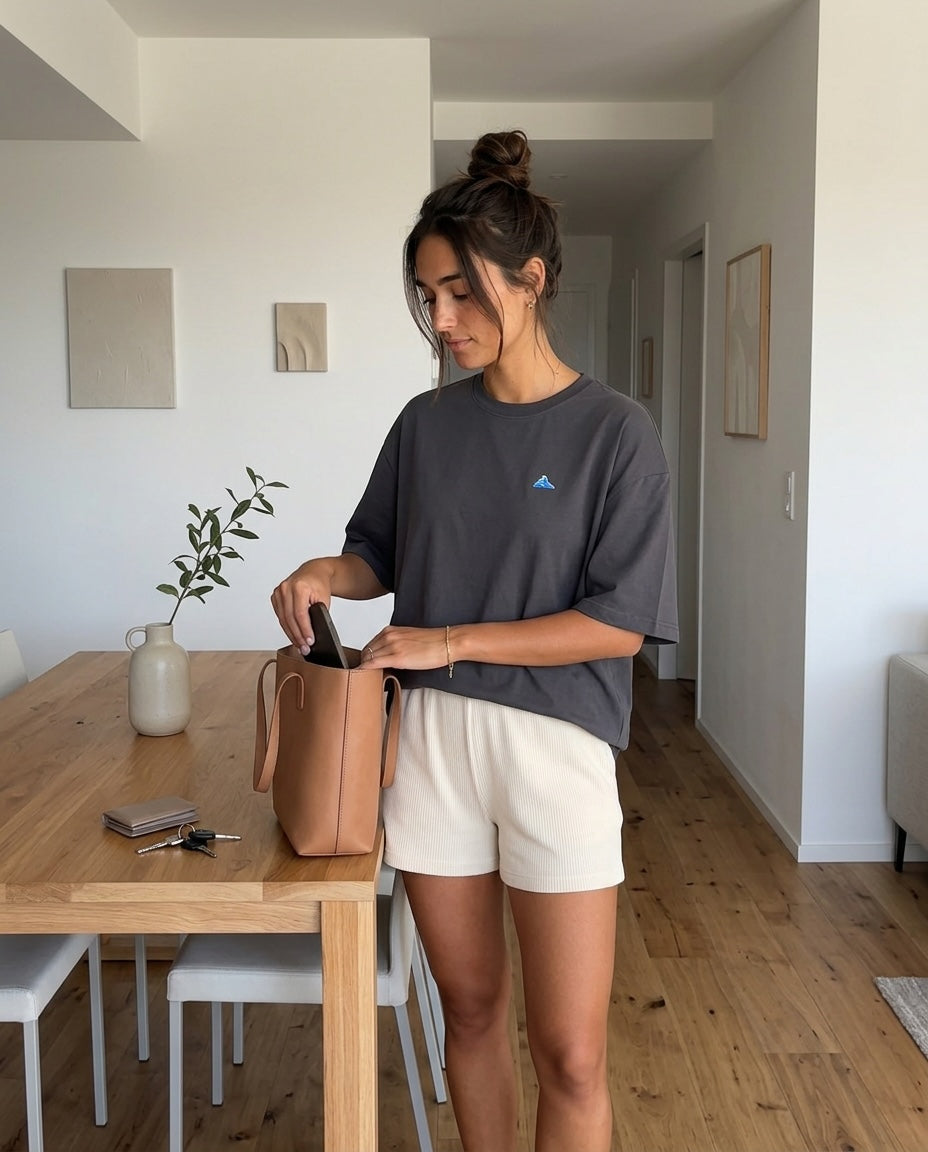 A woman at home wearing the 1800m Club Hörnli embroidered Boxy T-shirt designed in Arosa, Switzerland.