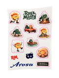 Ray & Monty Arosa adventure sticker sheet isolated on transparent background with magenta cutting lines