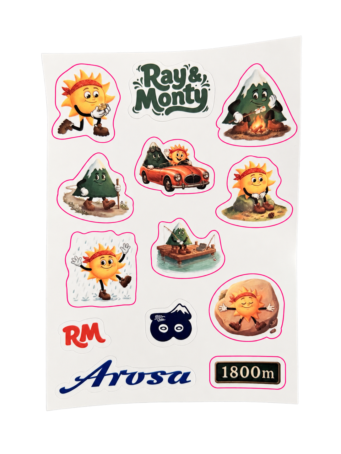 Ray & Monty Arosa adventure sticker sheet isolated on transparent background with magenta cutting lines