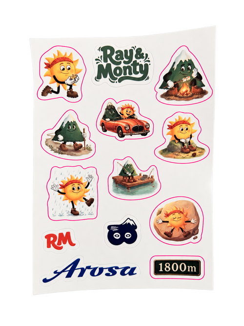 Ray & Monty Arosa adventure sticker sheet isolated on transparent background with magenta cutting lines