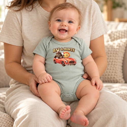 Baby wearing the sage green Ray & Monty Road Trip bodysuit on a parent's lap
