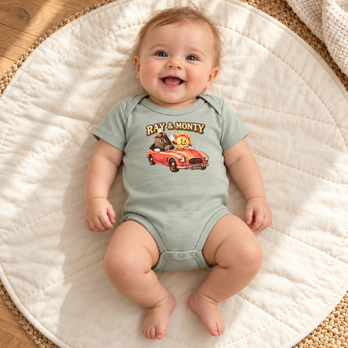 Baby wearing the sage green Ray & Monty Road Trip bodysuit on a cream play mat