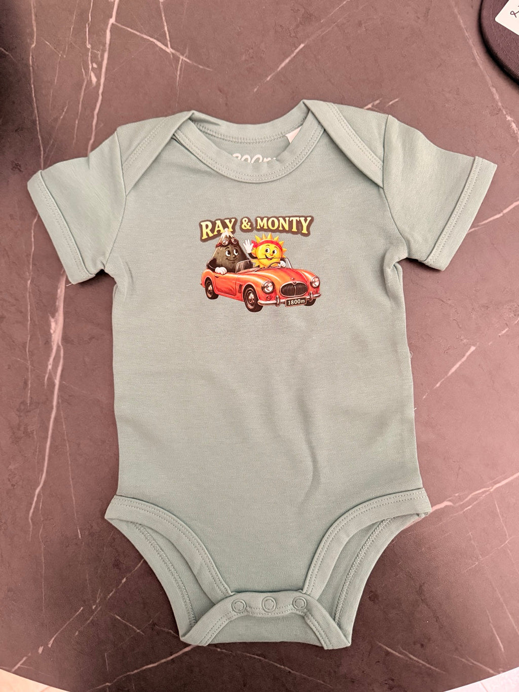 Original photograph of the sage green Ray & Monty Road Trip baby bodysuit