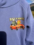 Small Ray & Monty chest print on the blue kids' hoodie, with the two characters in a red convertible.