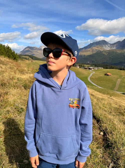 Front of the blue Ray & Monty Road Trip kids' hoodie, with a small chest illustration and kangaroo pocket.