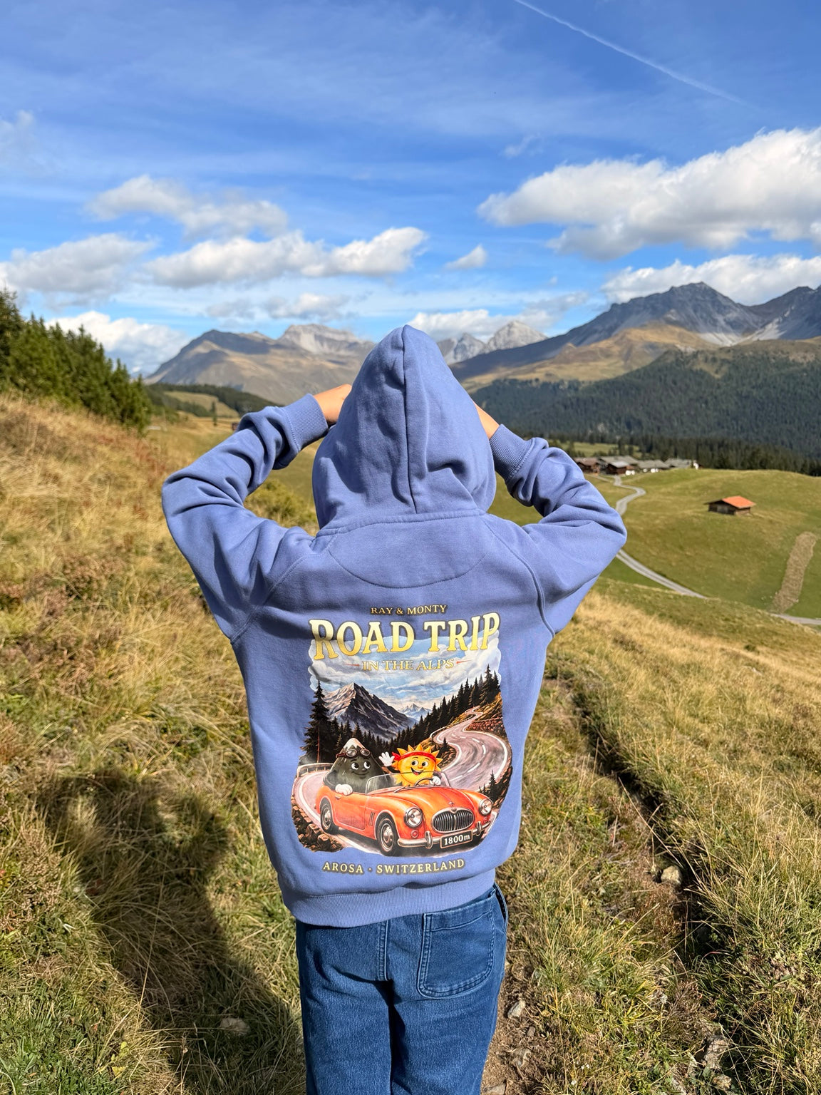 Blue Ray & Monty Road Trip kids' hoodie worn with the hood up, showing the back illustration against the mountains.