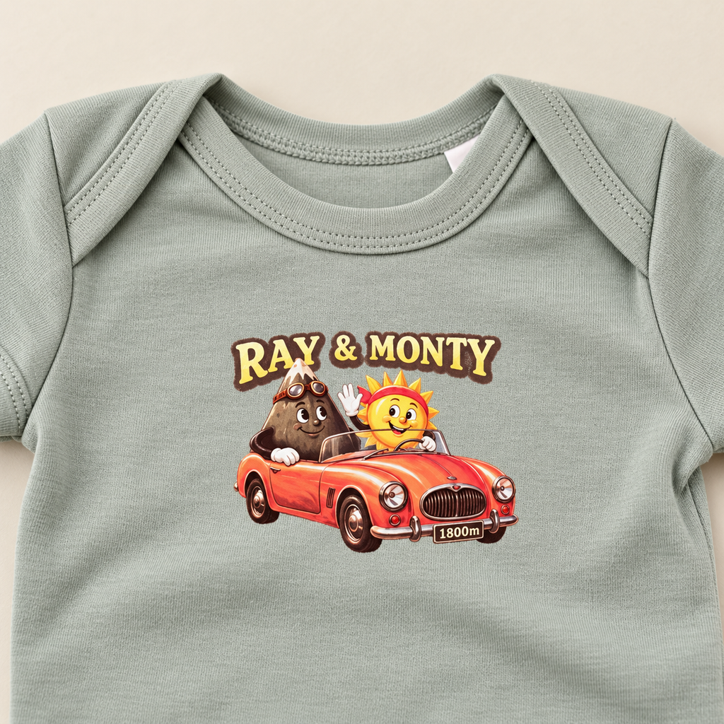 Ray & Monty sage green baby bodysuit detail view